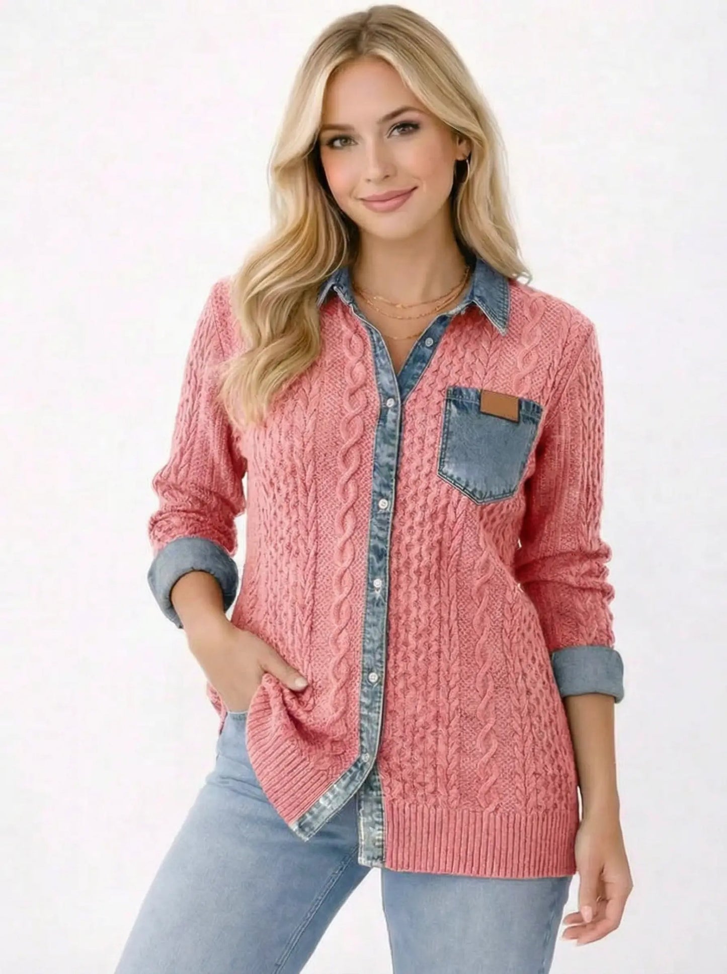Paula - Camiseta de punto patchwork con detalles de vaqueros
