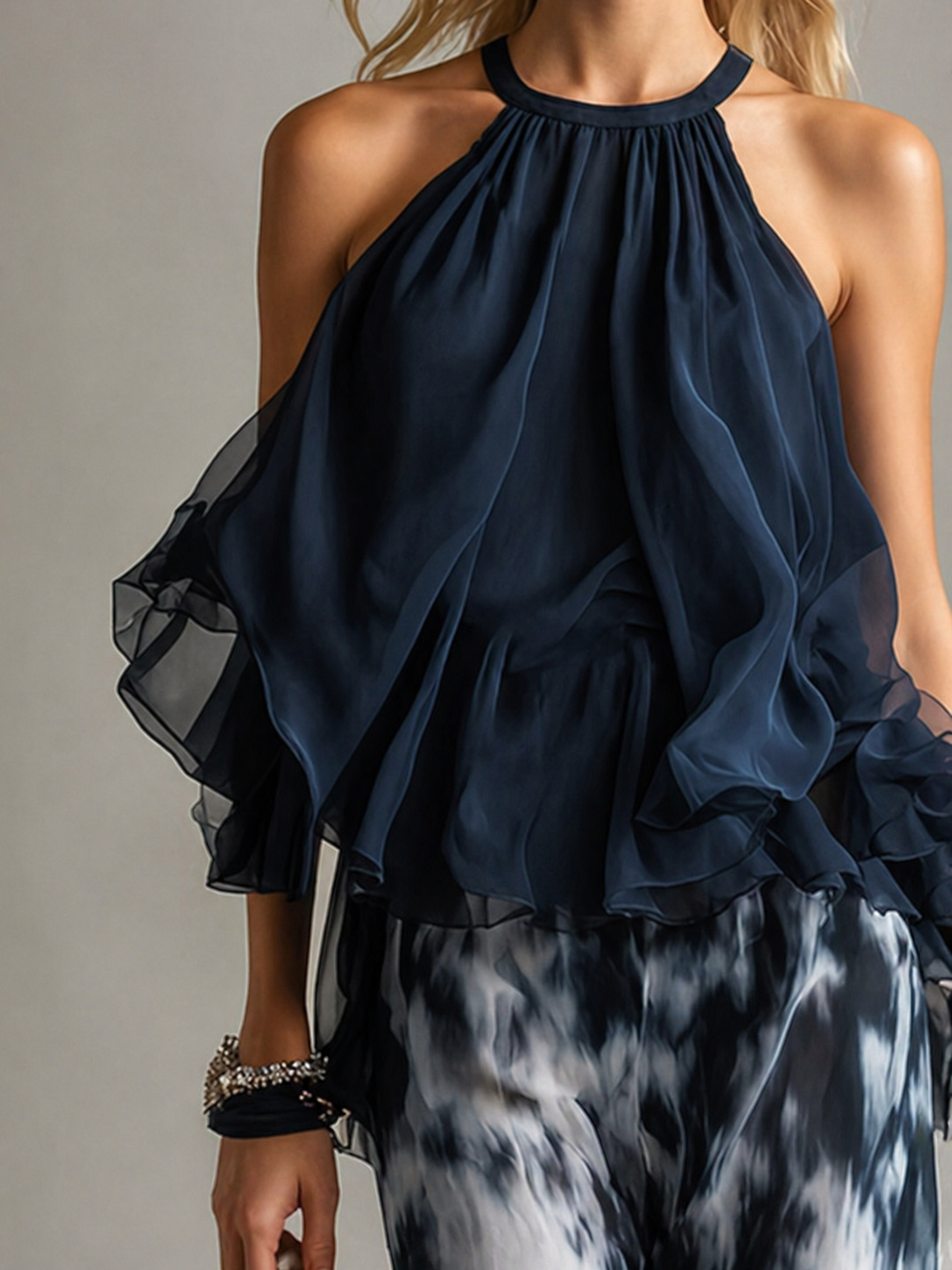 Valeria - Conjunto elegante con top de cuello alto y pantalones anchos estampados
