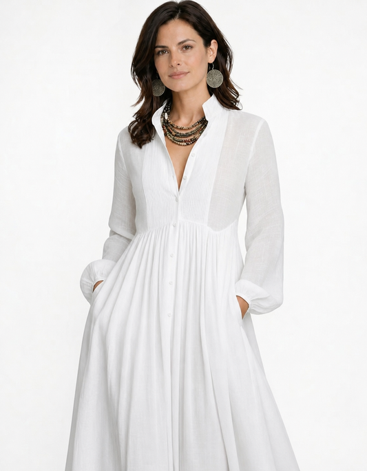 Elisa - Vestido  minimalista de algodón y lino con cuello alto y mangas largas