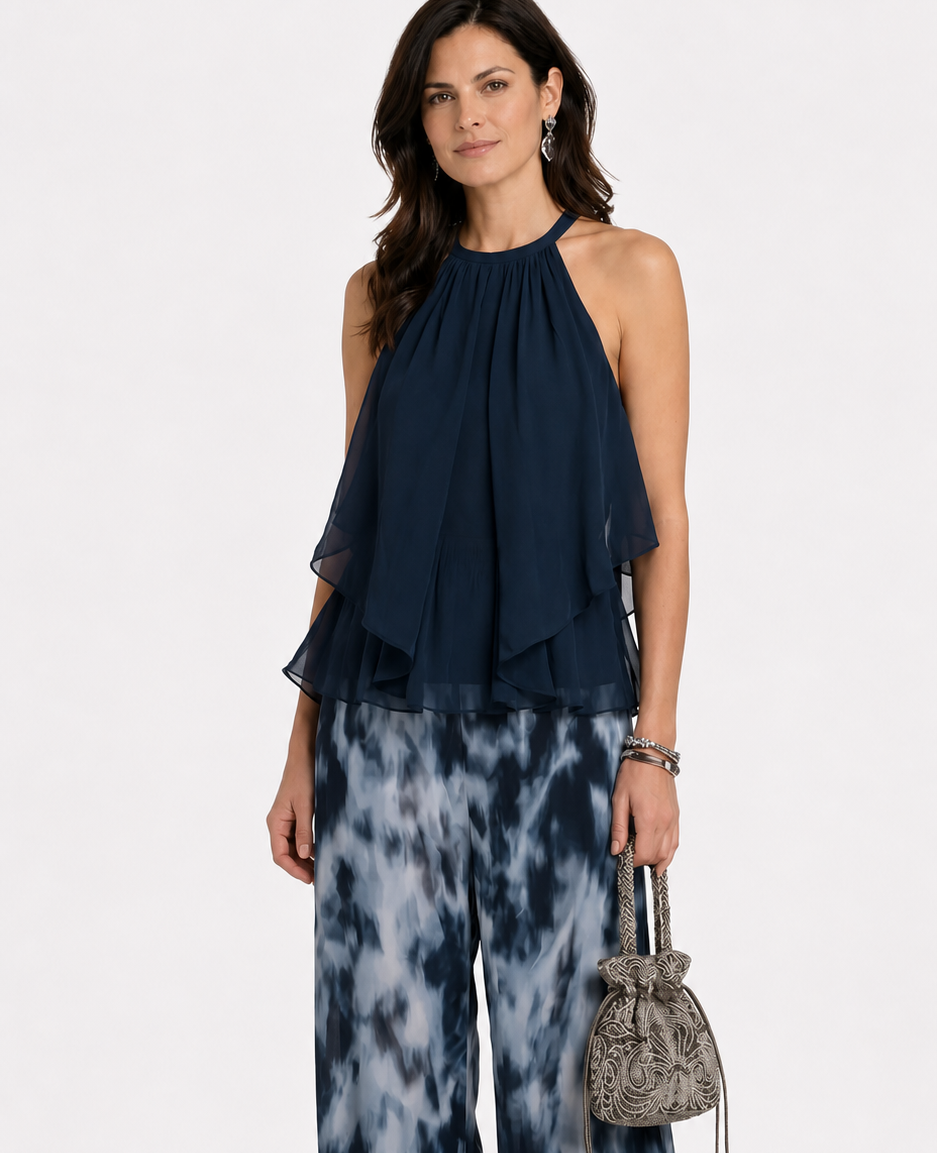 Valeria - Conjunto elegante con top de cuello alto y pantalones anchos estampados