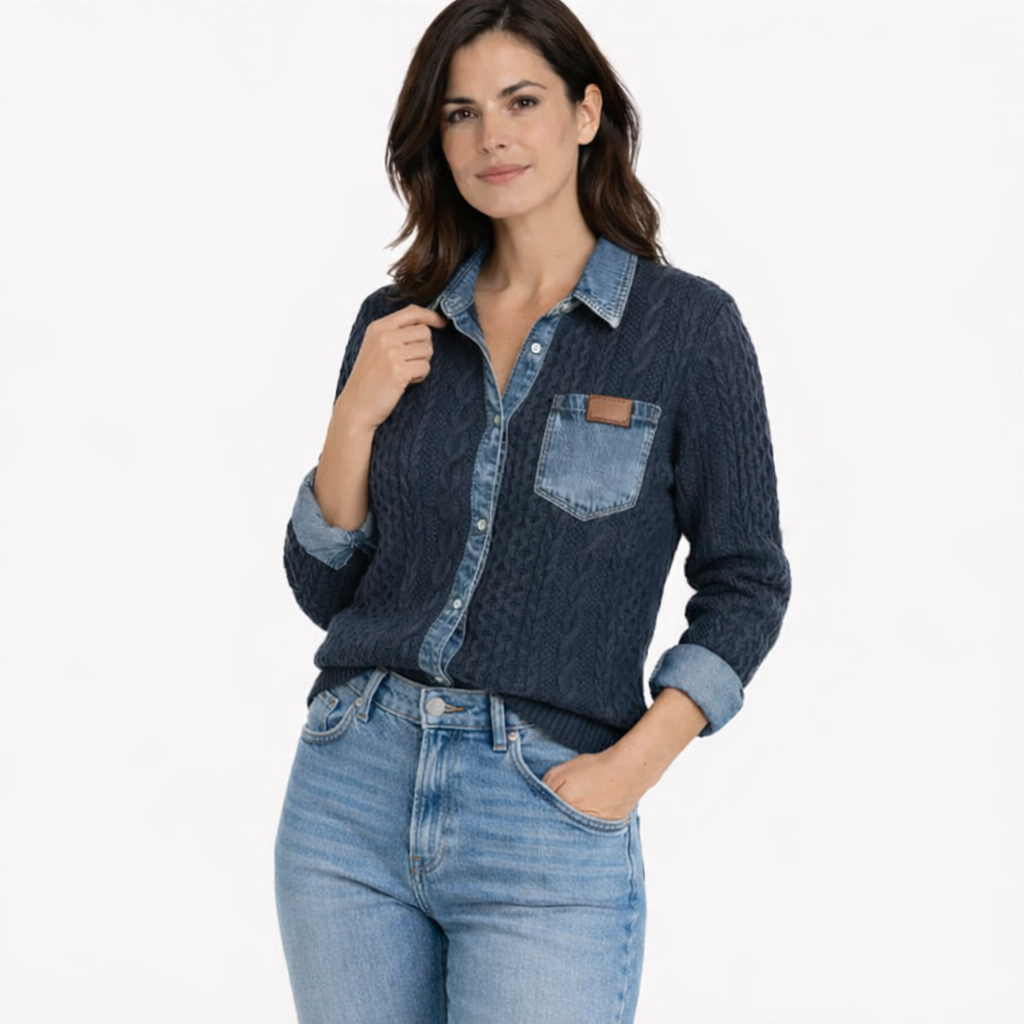 Paula - Camiseta de punto patchwork con detalles de vaqueros
