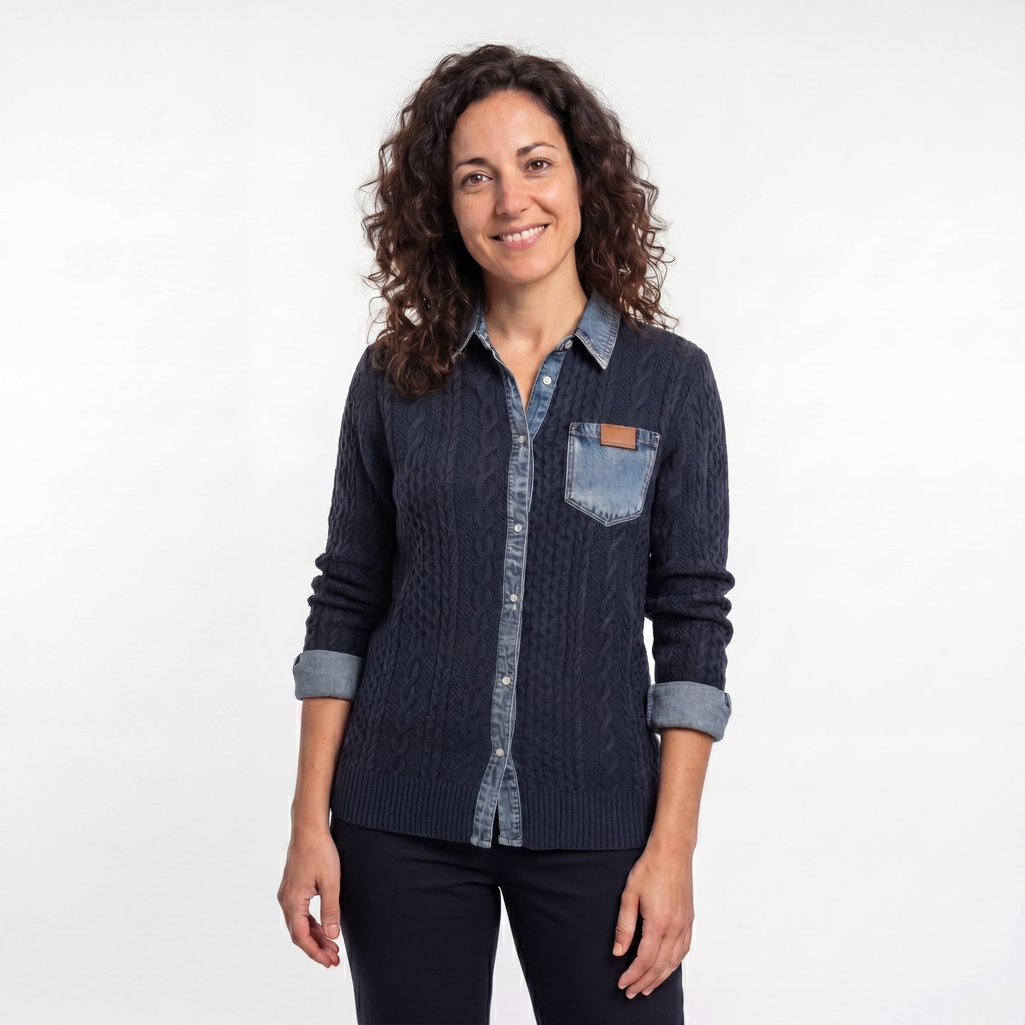 Paula - Camiseta de punto patchwork con detalles de vaqueros