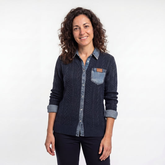 Paula - Camiseta de punto patchwork con detalles de vaqueros