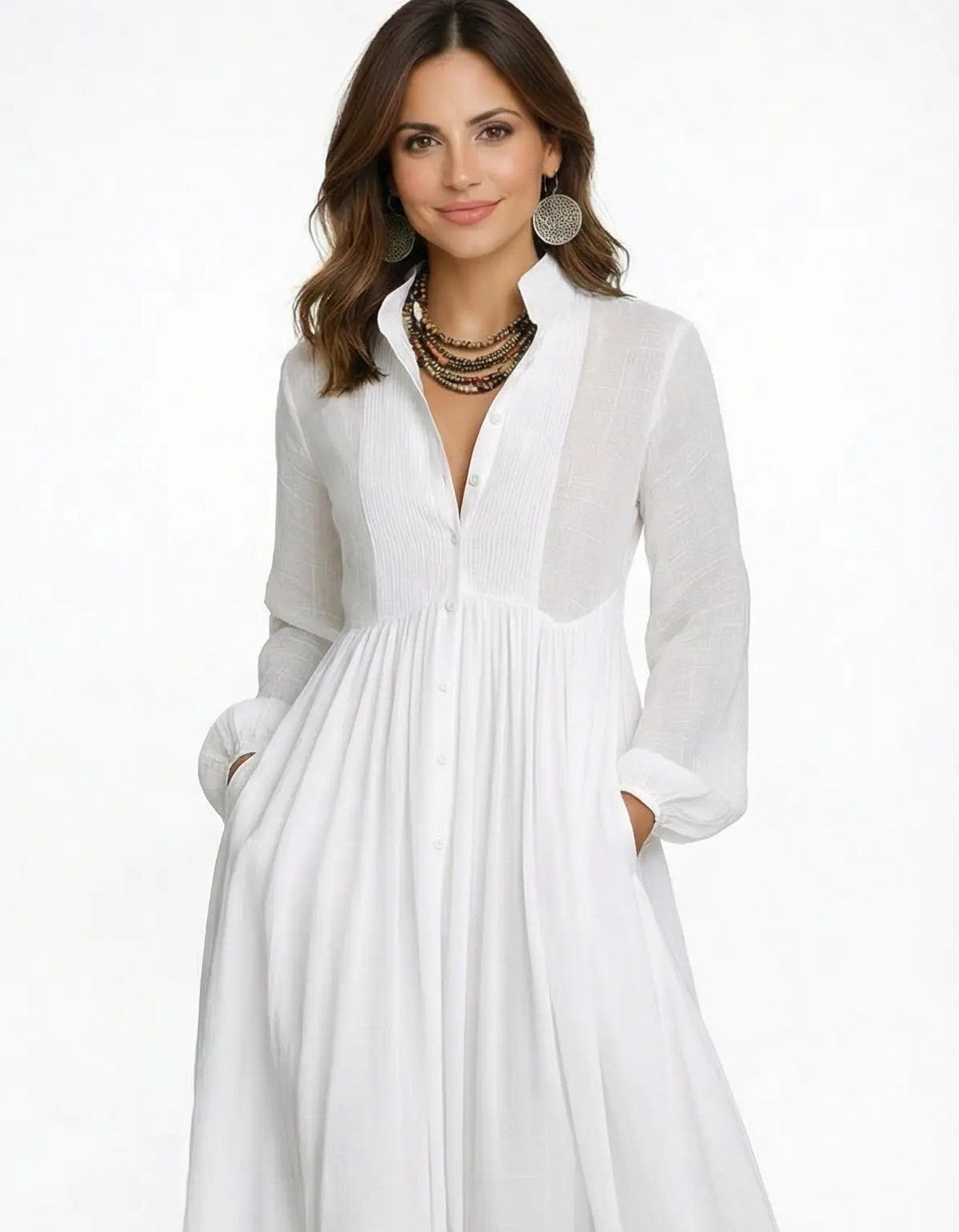 Elisa - Vestido  minimalista de algodón y lino con cuello alto y mangas largas