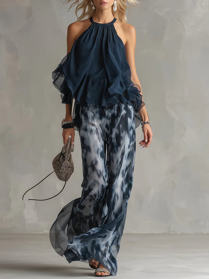 Valeria - Conjunto elegante con top de cuello alto y pantalones anchos estampados