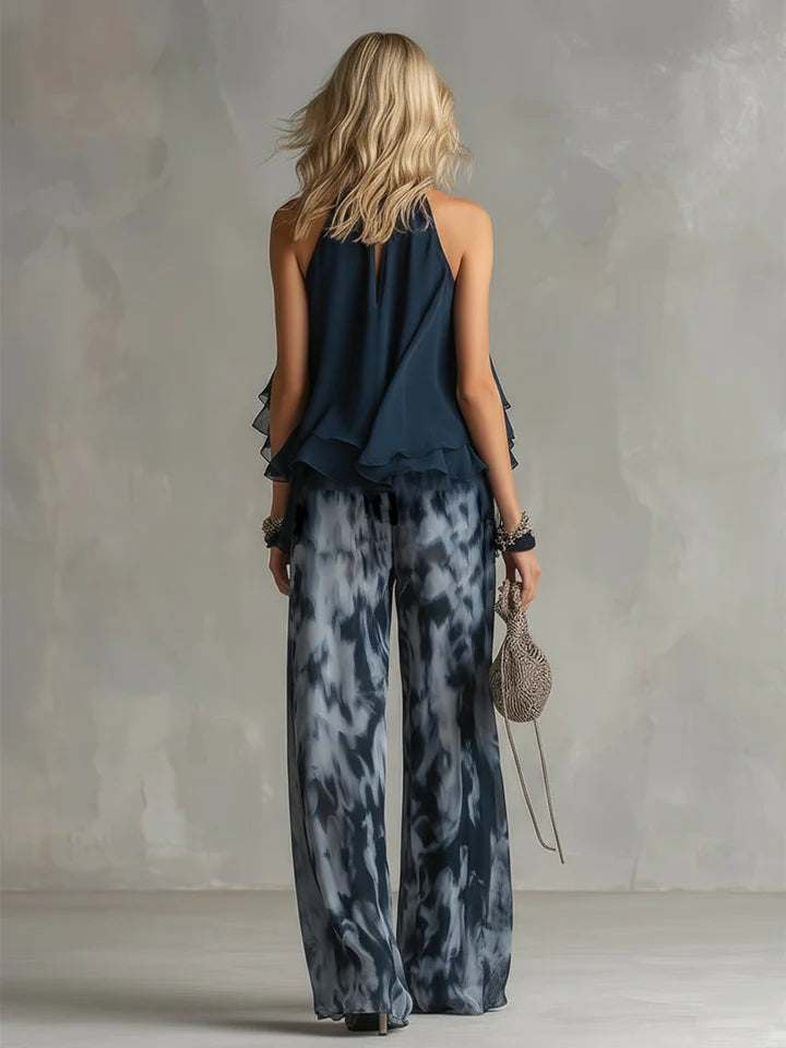 Valeria - Conjunto elegante con top de cuello alto y pantalones anchos estampados